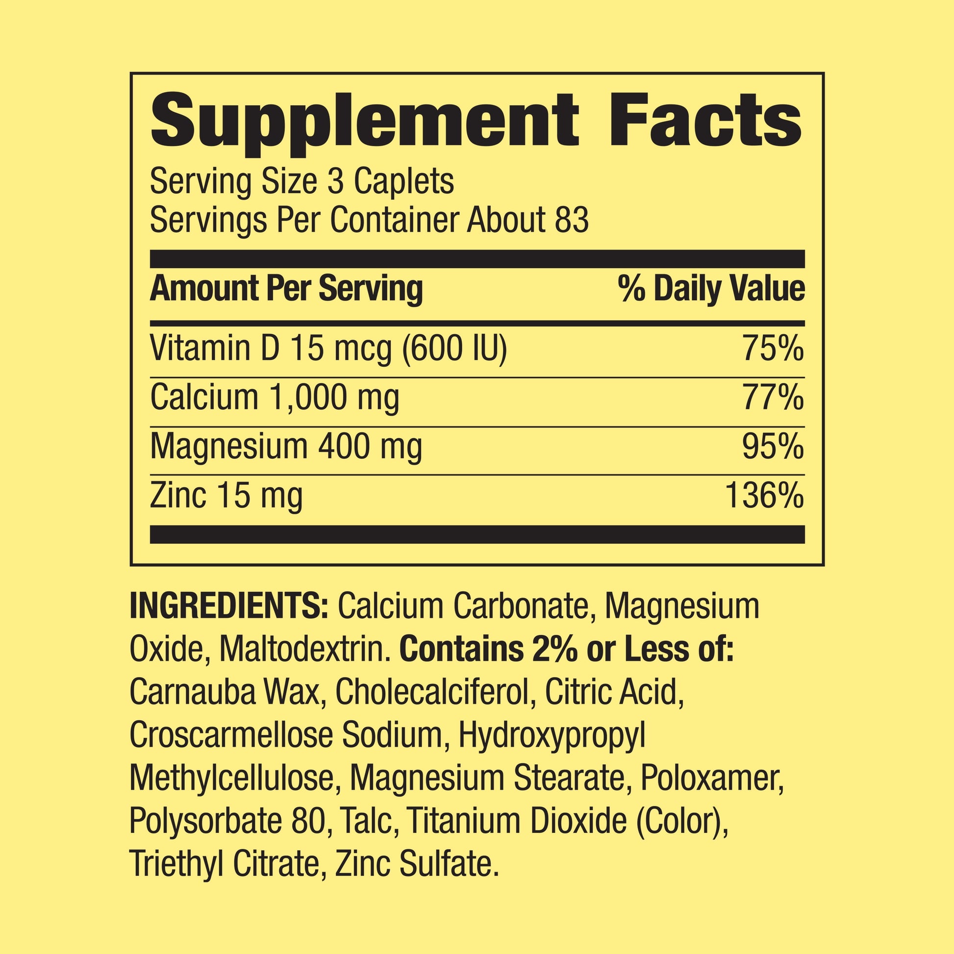 Calcium, Magnesium & Zinc plus Vitamin D3 Coated Caplets, 250 Count