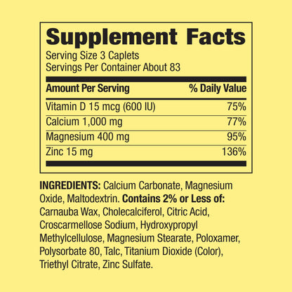 Calcium, Magnesium & Zinc plus Vitamin D3 Coated Caplets, 250 Count