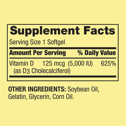 Vitamin D3 Softgels, 125 Mcg per Softgel, 5,000 IU, 250 Count