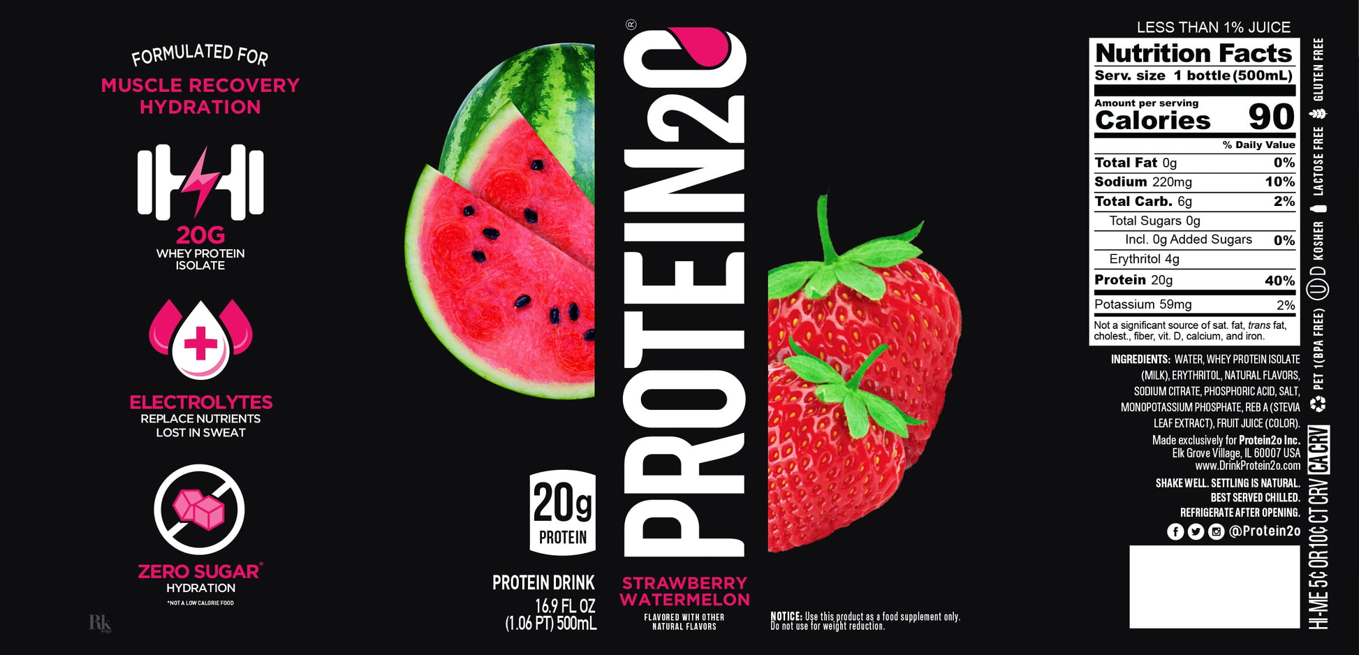 20G Whey Protein Infused Water +Electrolytes, Strawberry Watermelon, 16.9 Fl Oz (12-Pack)