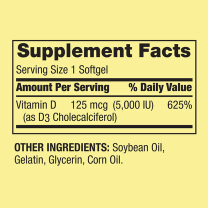 Vitamin D3 Softgels, 125 Mcg per Softgel, 5,000 IU, 250 Count