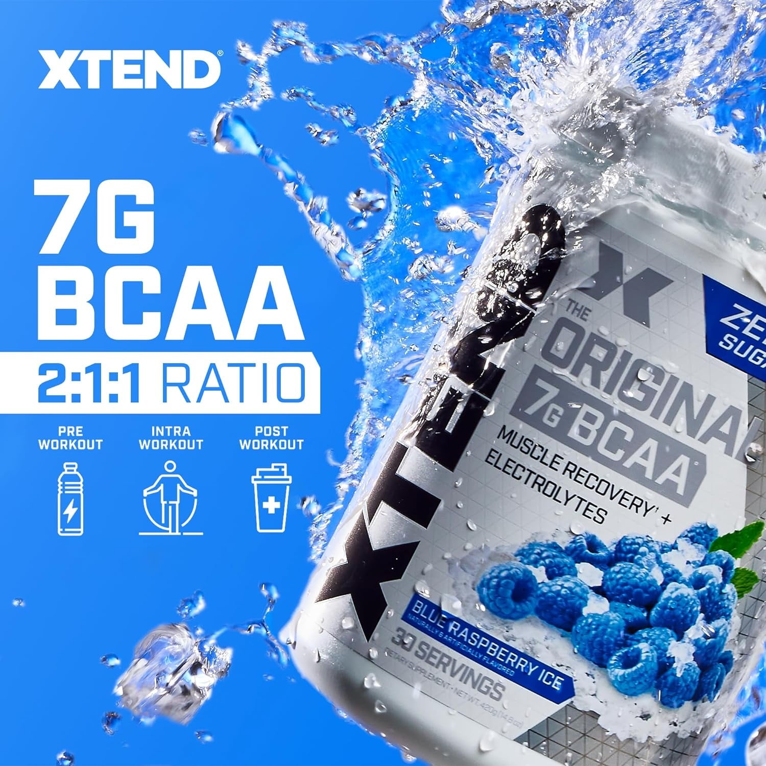 Original BCAA Powder Blue Raspberry Ice, Sugar Free Post Workout Muscle Recovery Drink, 7G Bcaas, 30 Servings (Unisex)