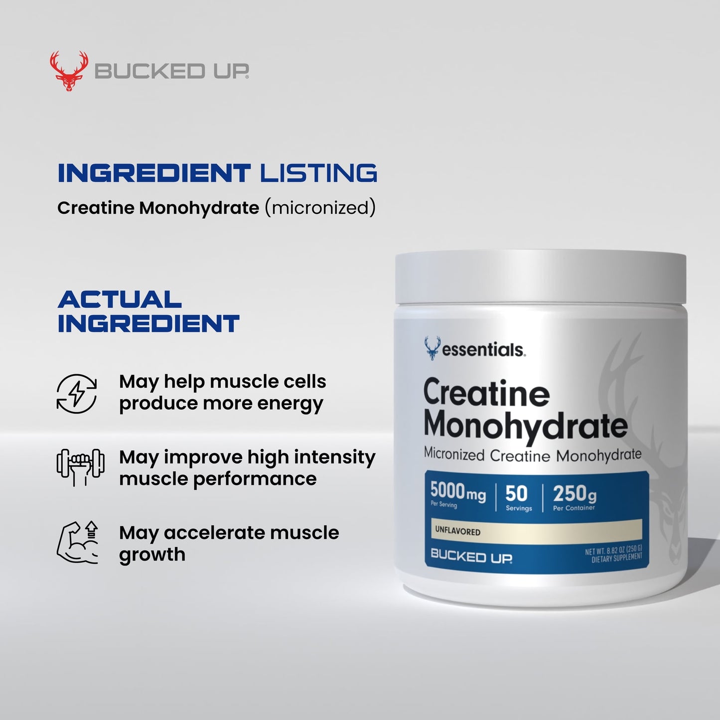 Essentials Creatine Monohydrate, Enhances Muscle Performance, Unflavored, 50 Servings